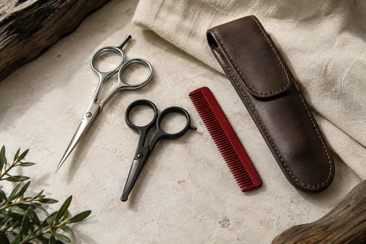 Kit Livingo avec deux paires de ciseaux, un mini-peigne rouge et un étui en cuir