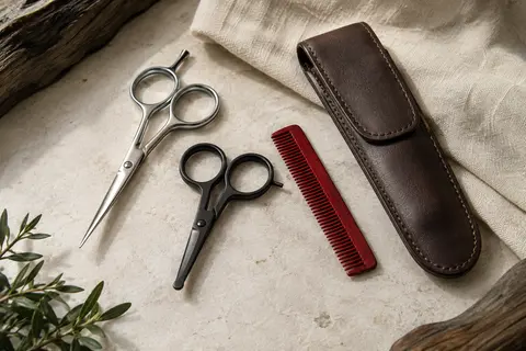 Kit Livingo avec deux paires de ciseaux, un mini-peigne rouge et un étui en cuir