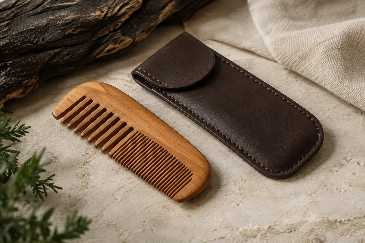 Peigne compact en bois de poirier à double denture posé avec son étui sur une pierre claire.
