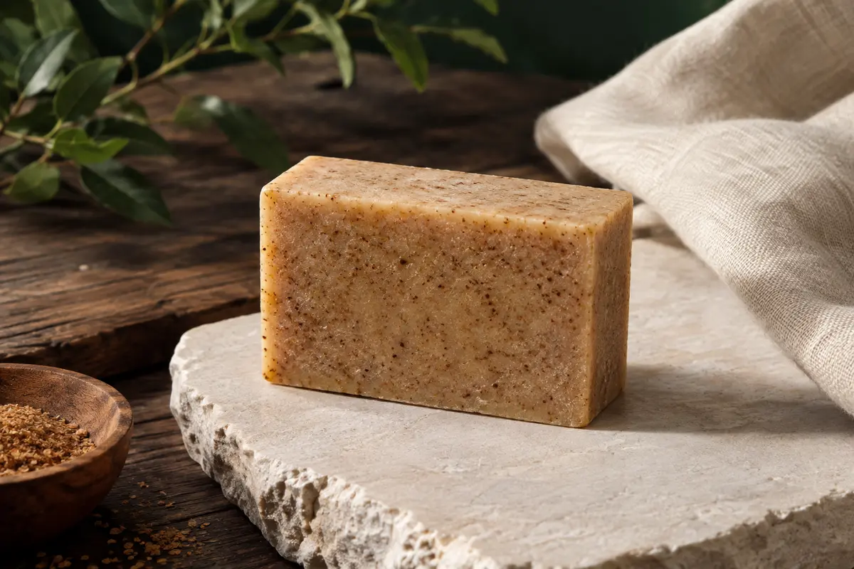 Savon solide exfoliant pour barbe au lait de chèvre avec de fines particules de noyaux d’abricot