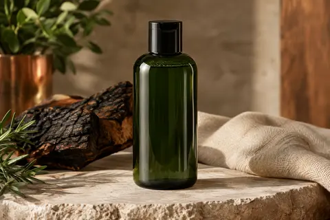 Flacon neutre de shampoing à barbe posé sur pierre claire, bois fumé et toile écrue.