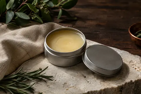 Pot en étain ouvert de baume à barbe posé sur une pierre claire près d’une toile écrue