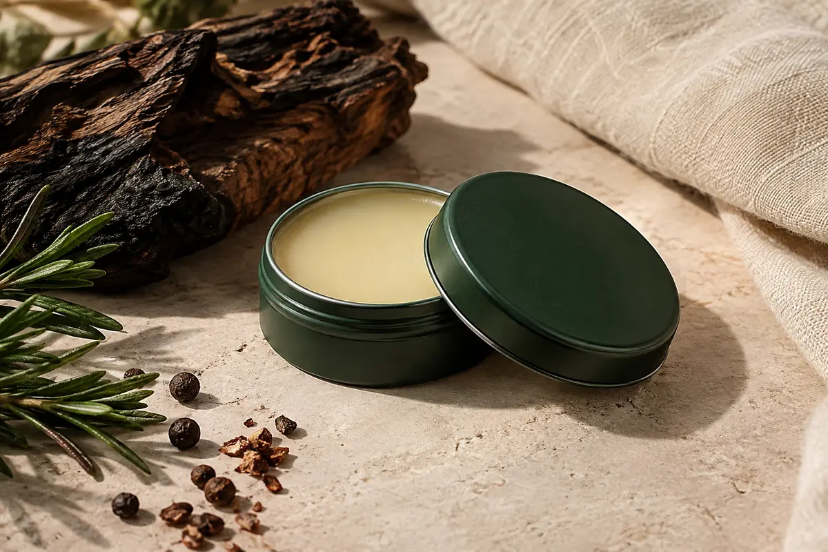 Baume à barbe Proraso Wood & Spice mis en scène sur une pierre claire et du bois fumé