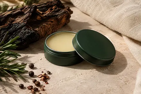 Baume à barbe Proraso Wood & Spice mis en scène sur une pierre claire et du bois fumé