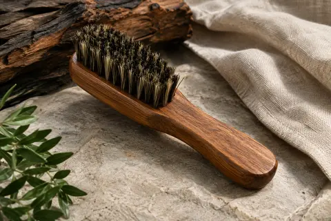 Brosse à barbe Proraso en bois avec poils mixtes, posée sur une surface de pierre claire.