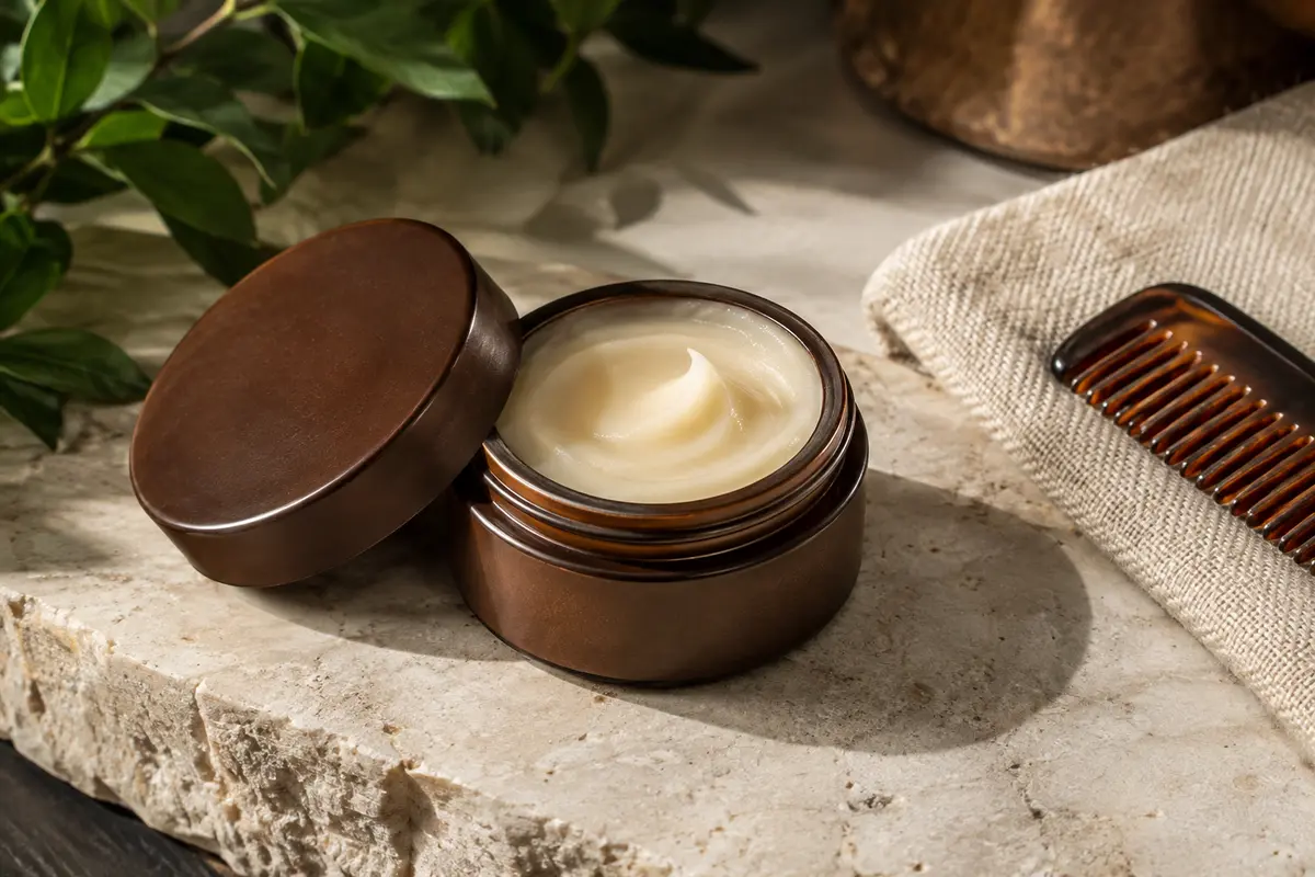 Petit pot brun de cire crémeuse à moustache posé sur une pierre claire avec une toile écrue