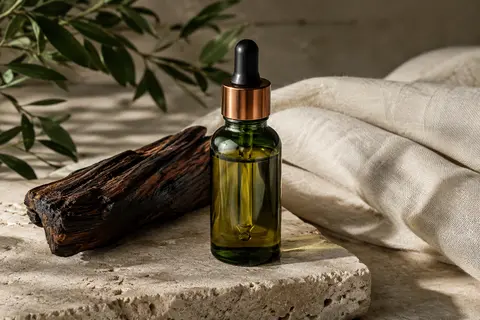 Flacon compact d’huile à barbe posé sur une pierre claire, près de bois fumé et d’une toile écrue.