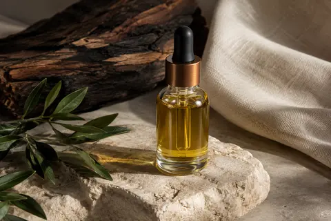 Flacon d’huile à barbe posé sur une pierre claire, avec une toile écrue et du bois fumé en arrière-plan.