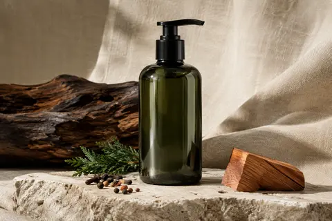 Flacon de shampoing pour barbe posé sur une pierre claire, accompagné de bois et d’épices