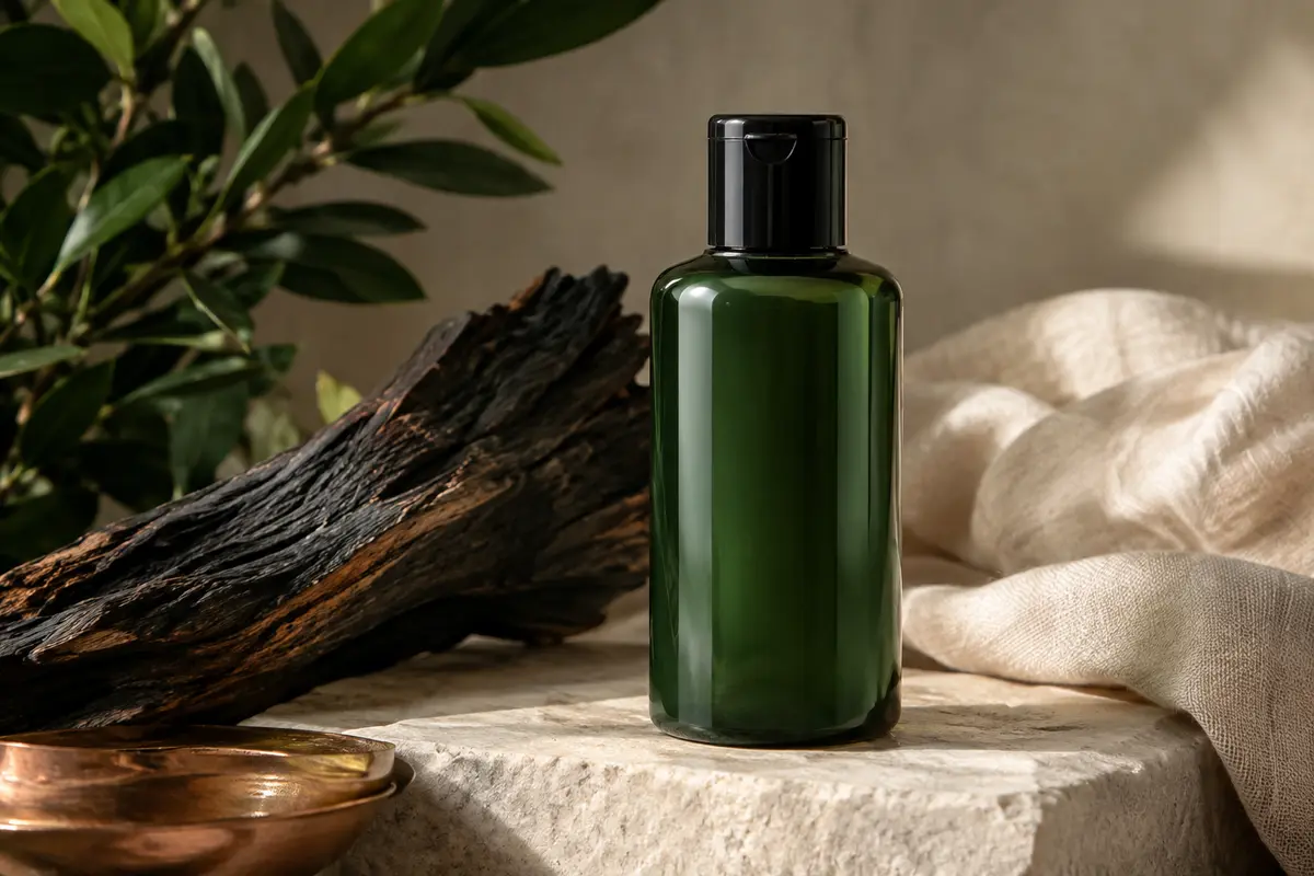 Flacon de shampoing liquide pour barbe posé sur une pierre claire, près de bois fumé et de toile écrue
