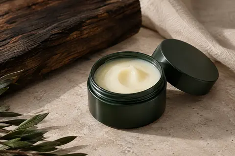 Baume à barbe Reuzel Wood and Spice posé sur une pierre claire devant un fond de bois fumé.