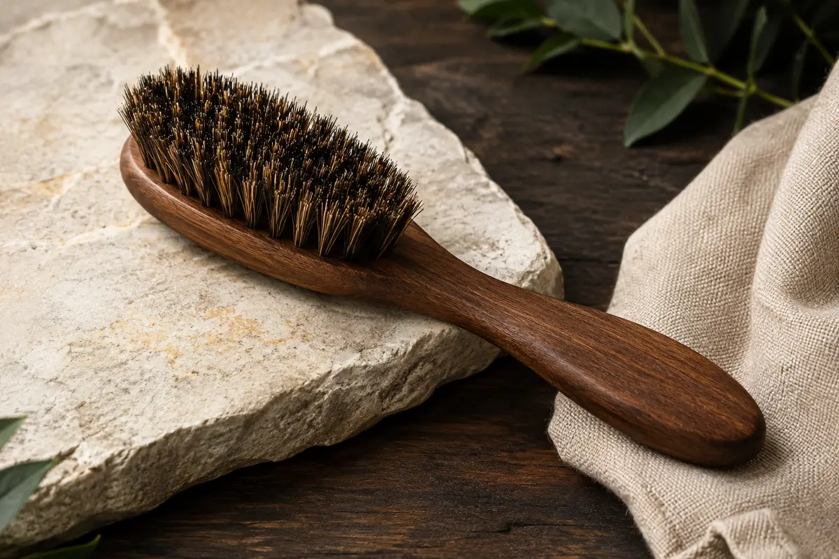 Brosse à barbe Sakkal en bois brun et poils naturels de sanglier posée sur une pierre claire.