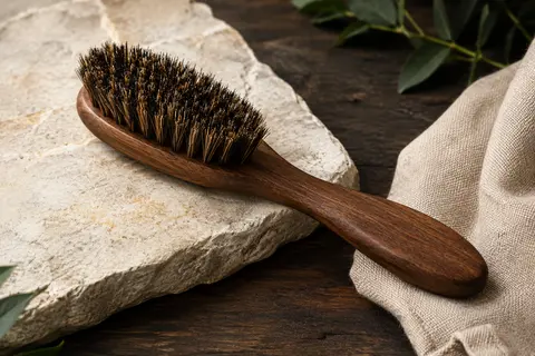 Brosse à barbe Sakkal en bois brun et poils naturels de sanglier posée sur une pierre claire.
