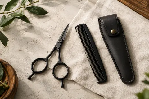 Ciseaux noirs de barbe à lames convexes, accompagnés d’un peigne et d’un étui sur une pierre claire.