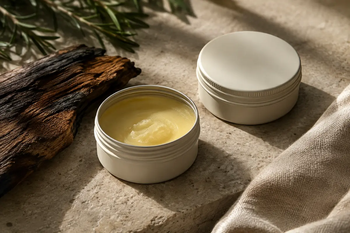Deux pots blanc cassé de baume à barbe posés sur une pierre claire près d’un morceau de bois.