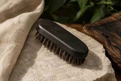 Brosse à barbe compacte en bois noir et poils de sanglier posée sur une pierre claire.