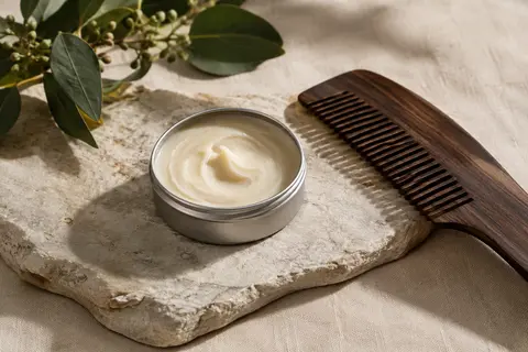 Cire à moustache de teinte neutre présentée sur une pierre claire avec un peigne en bois fumé.