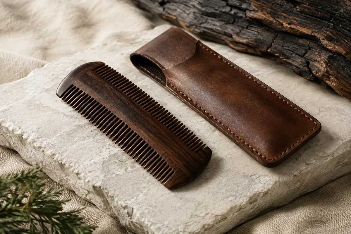 Peigne à barbe brun foncé en bois à dentelure double face, accompagné de son étui en cuir