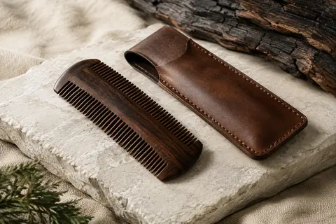 Peigne à barbe brun foncé en bois à dentelure double face, accompagné de son étui en cuir
