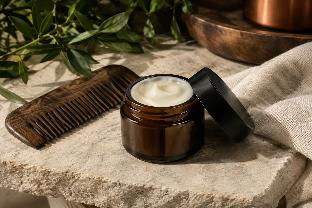 Baume à barbe blanc présenté sur une pierre claire avec un peigne en bois et une toile écrue