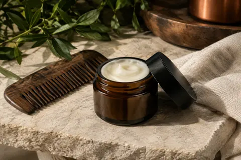 Baume à barbe blanc présenté sur une pierre claire avec un peigne en bois et une toile écrue