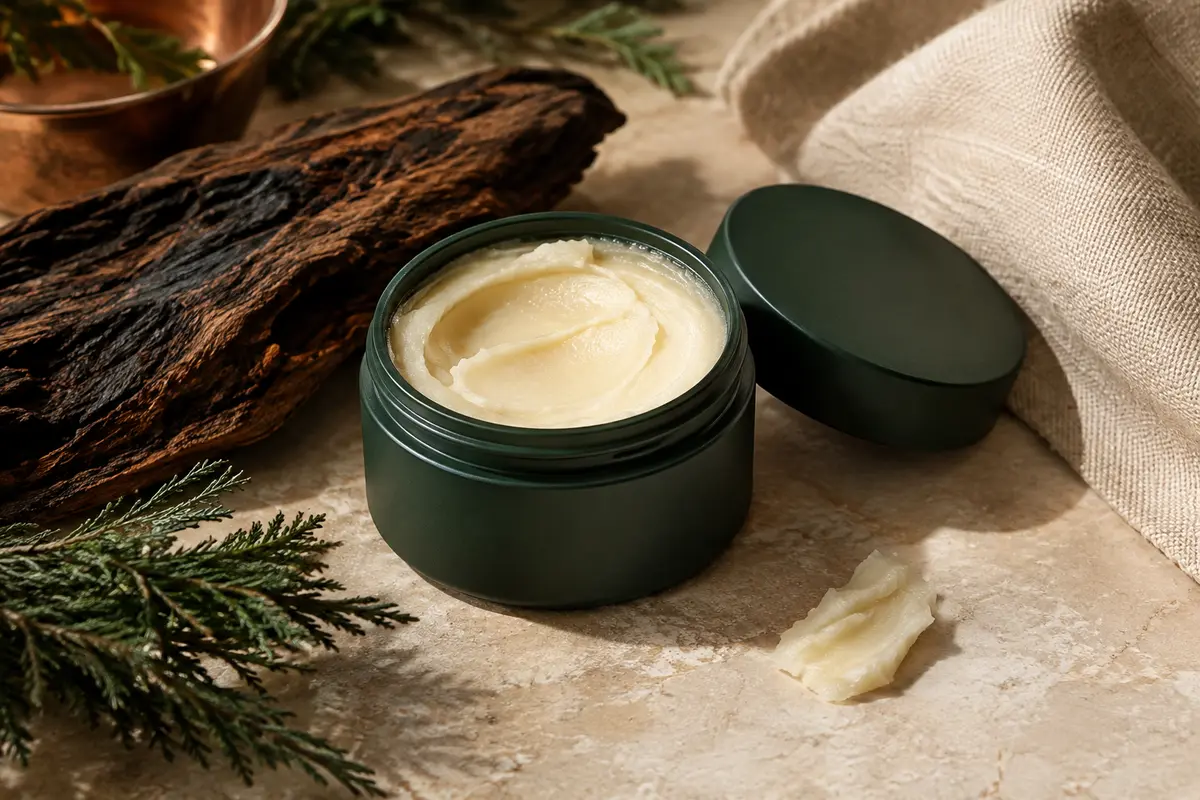 Beurre à barbe à la vanille présenté sur une pierre claire près de bois fumé et de toile écrue