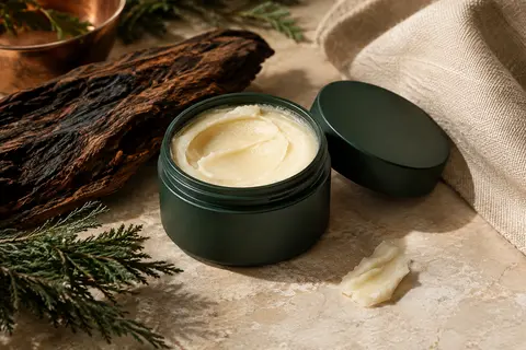 Beurre à barbe à la vanille présenté sur une pierre claire près de bois fumé et de toile écrue