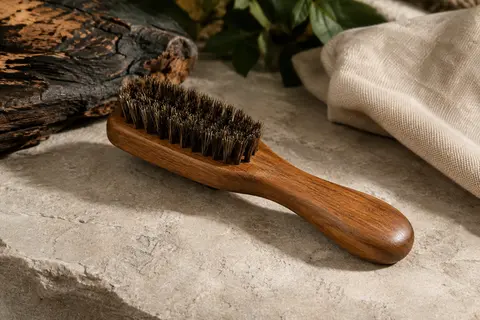 Brosse à barbe compacte en bois brun avec des poils de sanglier, posée sur une pierre claire.