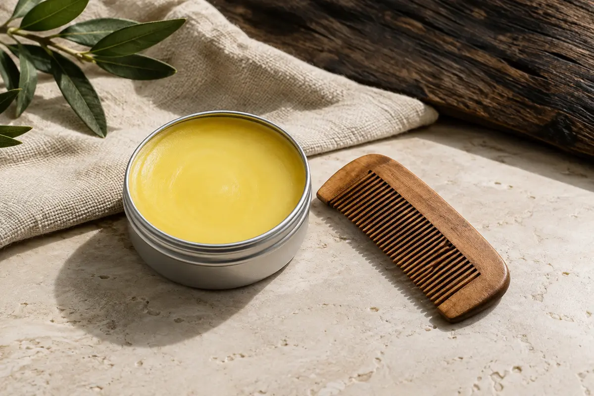 Cire à moustache jaune accompagnée d’un peigne de poche, posée sur une pierre claire et de la toile écrue.