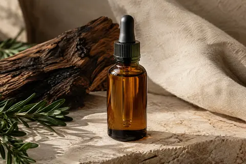 Flacon compact d’huile à barbe posé sur une pierre claire près de bois fumé et de toile écrue
