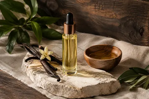 Flacon clair d’huile à barbe parfumée à la vanille posé sur une pierre claire avec des gousses de vanille