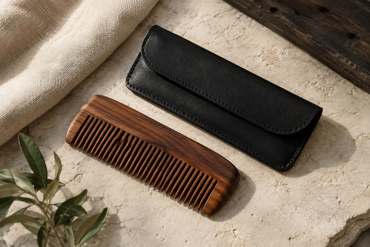 Peigne de barbe en bois de santal à dents fines et larges présenté avec son étui noir