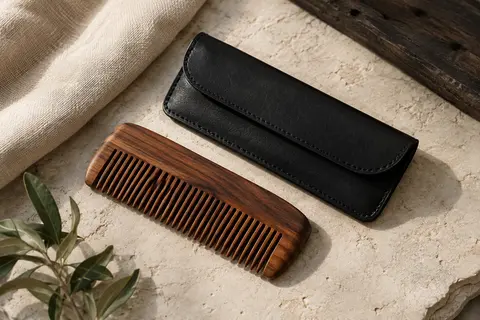 Peigne de barbe en bois de santal à dents fines et larges présenté avec son étui noir