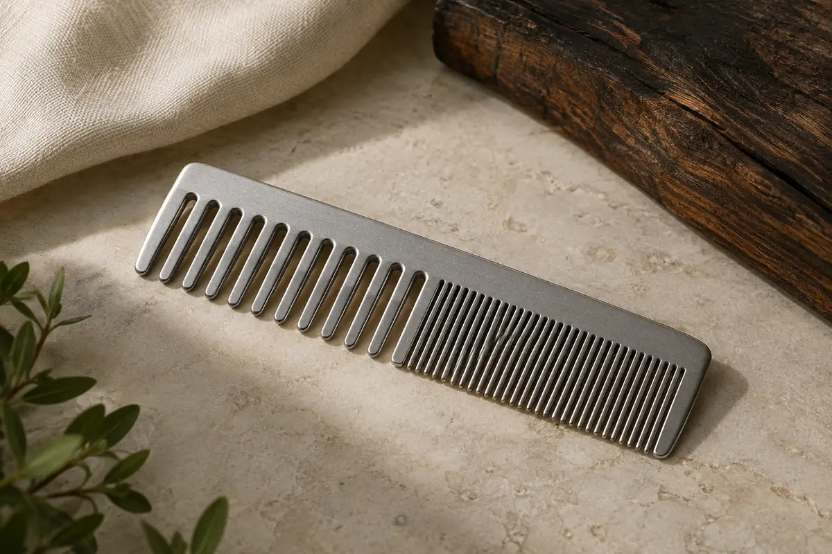 Peigne de poche en aluminium argenté, à dents larges sur une moitié et fines sur l’autre, posé sur une pierre claire.