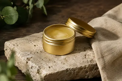 Pot métallique doré de cire à moustache posé sur une pierre claire, dans une composition sobre.