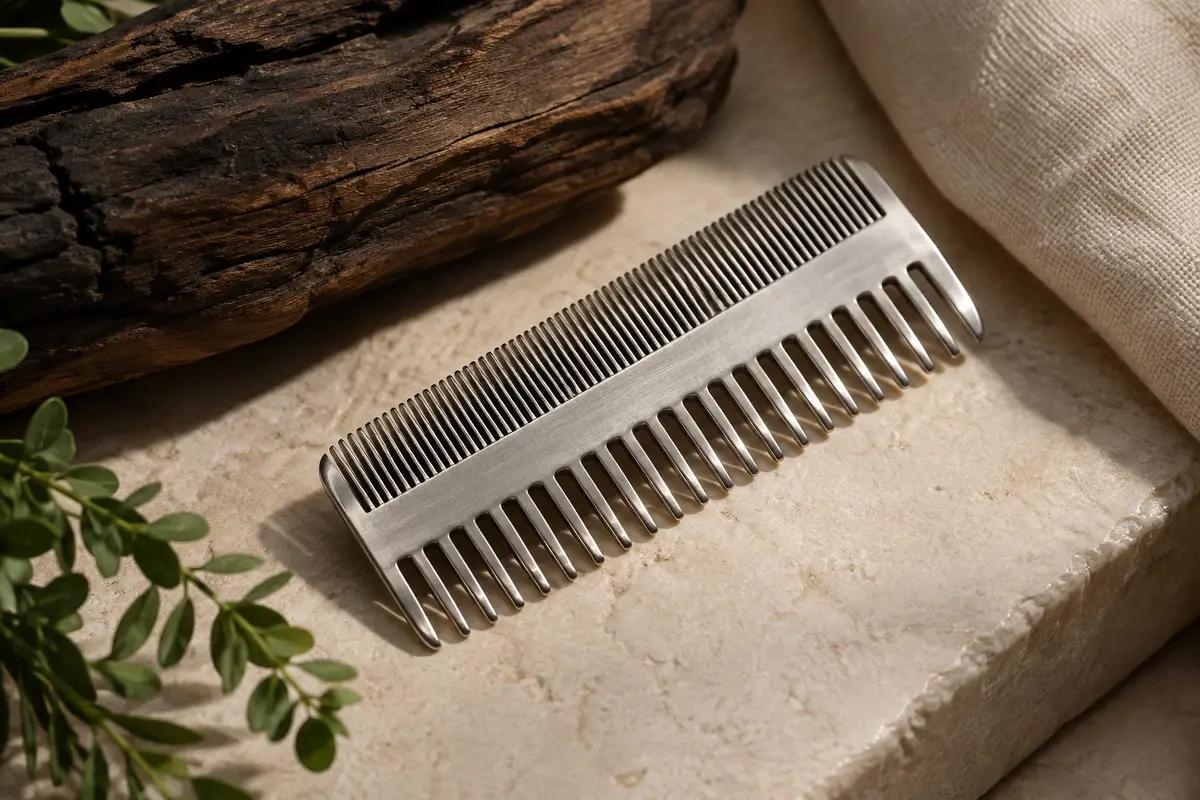 Peigne compact en métal argenté à dents fines et larges posé sur une pierre claire
