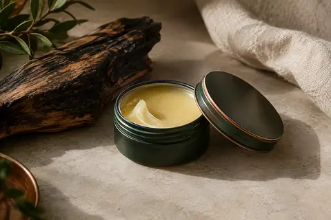 Baume pour barbe à la sauge sclarée présenté ouvert sur une pierre claire et une toile écrue