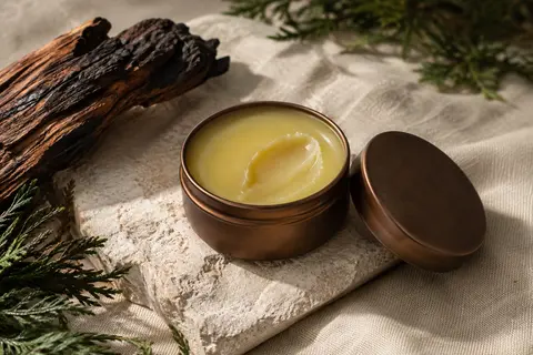 Baume à barbe à la cire présenté ouvert sur une pierre claire et une toile écrue