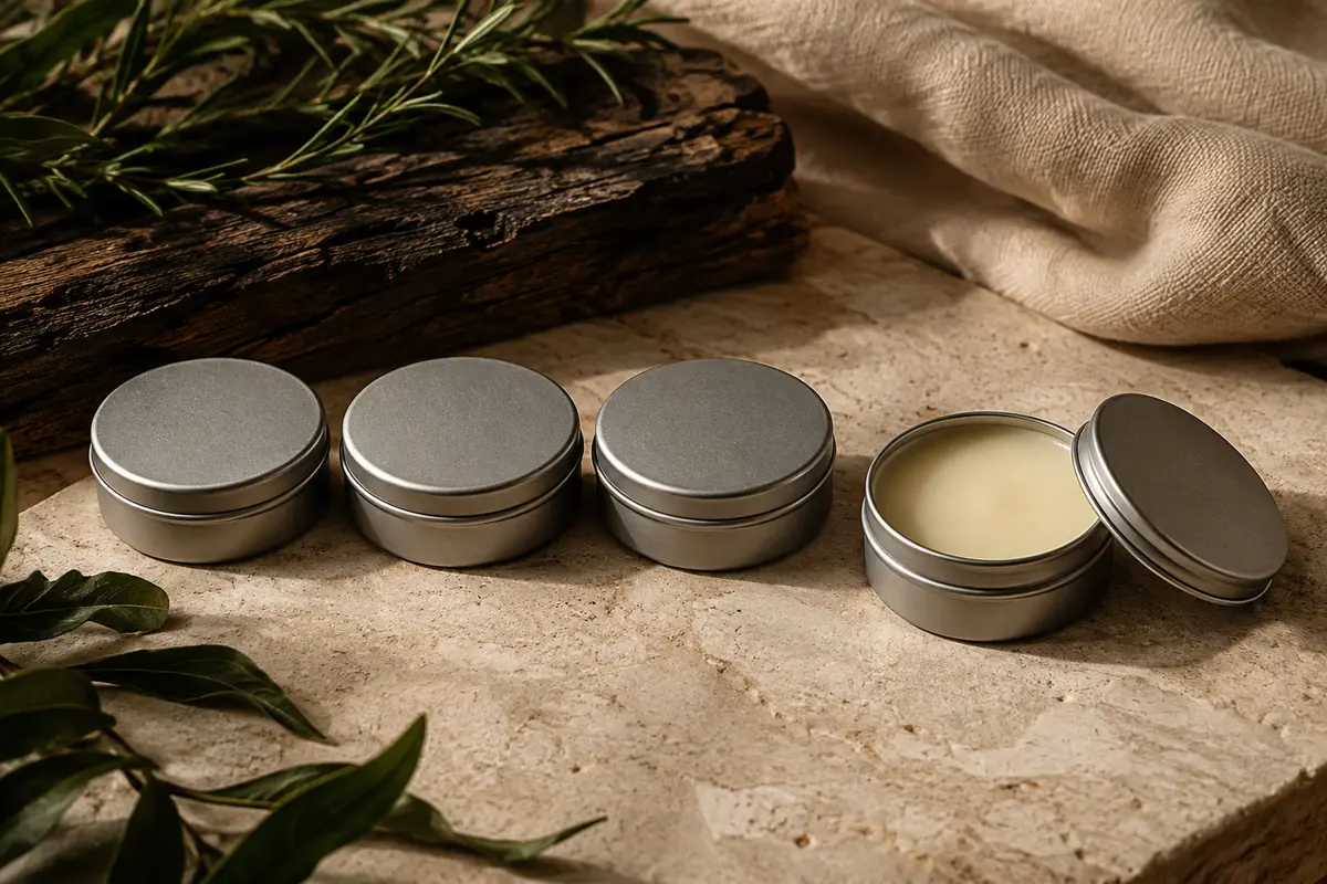 Quatre boîtes rondes de baume à barbe en métal, dont une ouverte, posées sur une pierre claire.