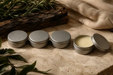 Quatre boîtes rondes de baume à barbe en métal, dont une ouverte, posées sur une pierre claire.