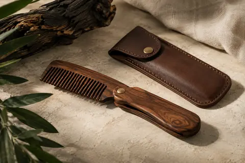 Peigne pliable en bois de santal brun avec dents larges et étui de transport en cuir synthétique