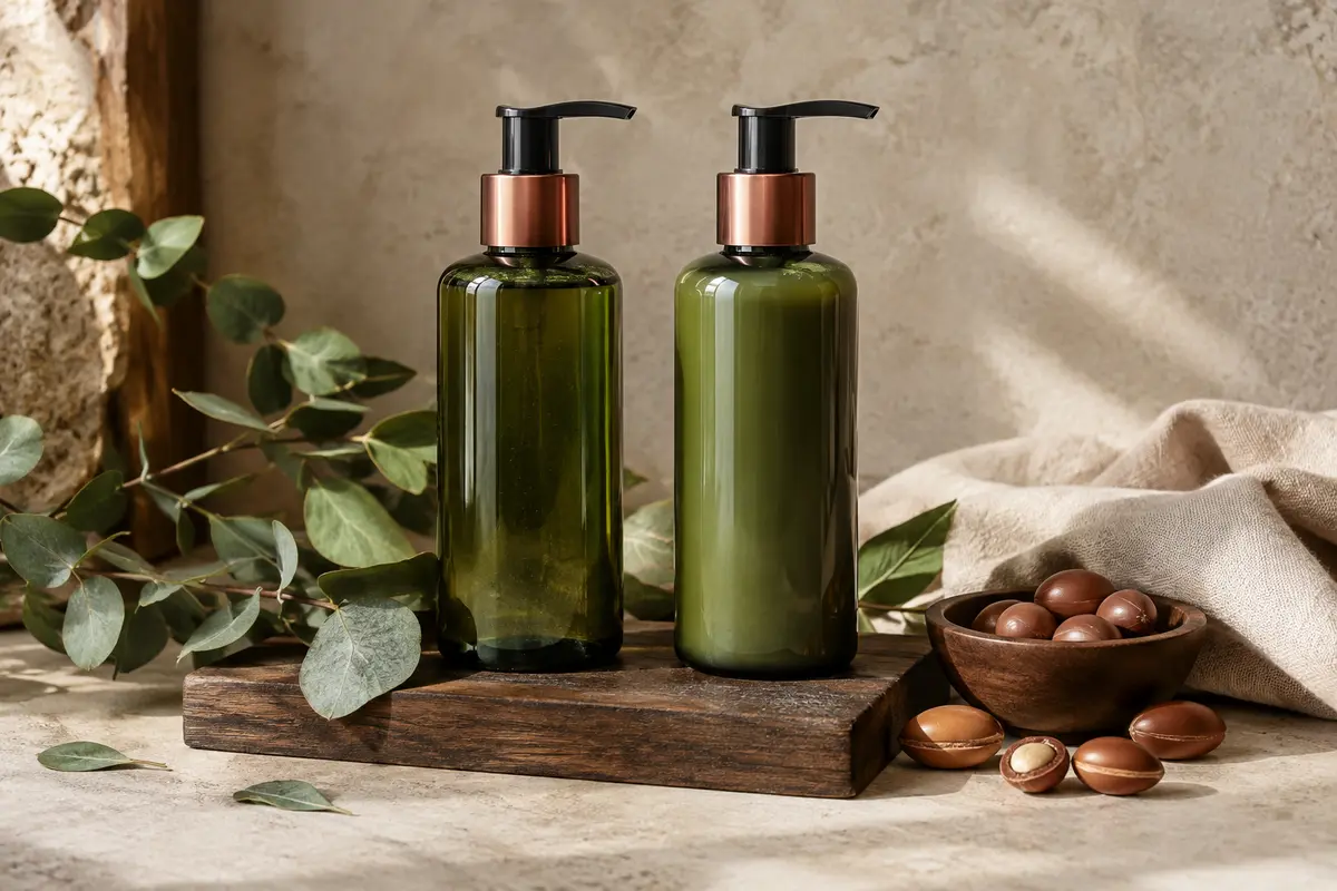 Duo de shampoing et d’après-shampoing pour barbe posé sur une pierre claire, avec des feuilles d’eucalyptus