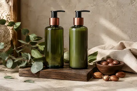 Duo de shampoing et d’après-shampoing pour barbe posé sur une pierre claire, avec des feuilles d’eucalyptus