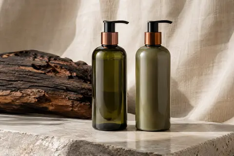 Duo de shampoing et après-shampoing pour barbe posé sur une pierre claire dans un décor soigné