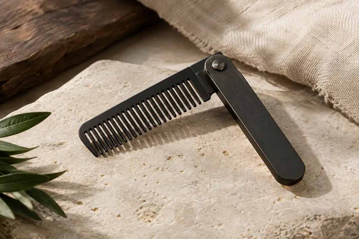 Peigne pliable noir en acier inoxydable, ouvert et posé sur une pierre claire.