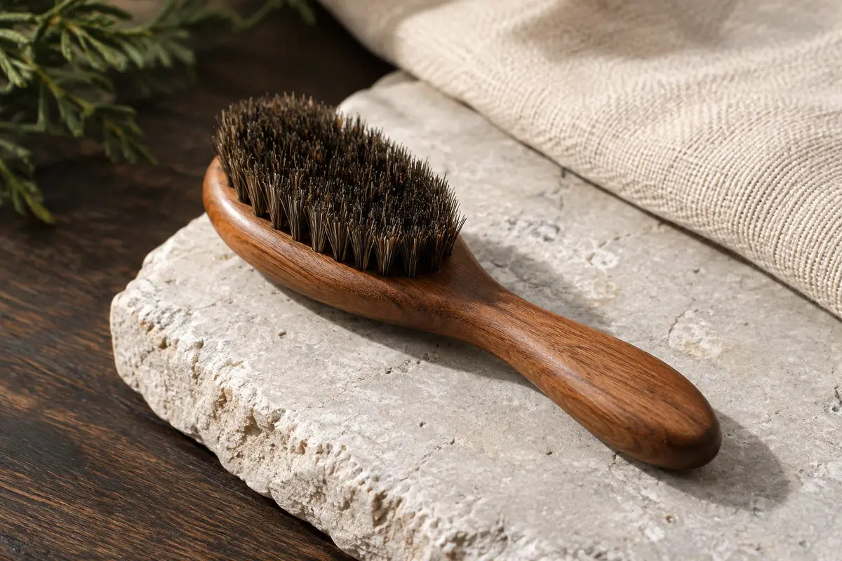 Brosse à barbe compacte en bois de poirier marron huilé avec des poils naturels de sanglier
