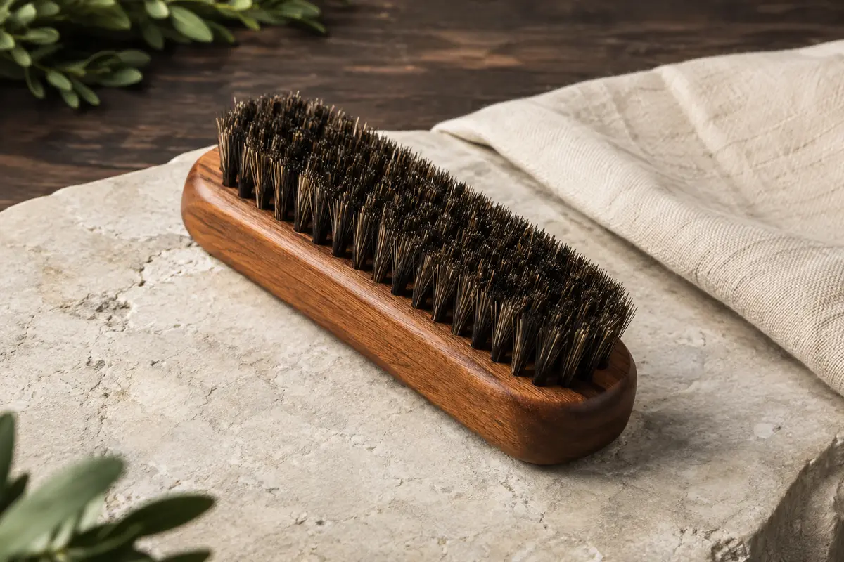 Brosse à barbe ZilberHaar en bois de poirier avec des poils de sanglier fermes, posée sur une pierre claire.
