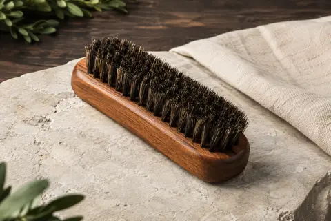 Brosse à barbe ZilberHaar en bois de poirier avec des poils de sanglier fermes, posée sur une pierre claire.