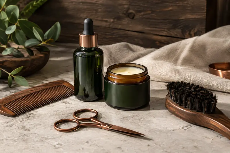 Soins et outils pour barbe présentés dans une composition ordonnée, autour des gestes de la routine.