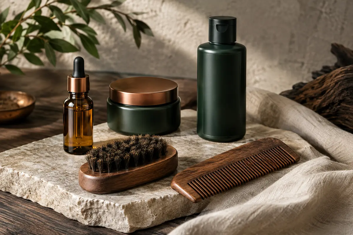 Soins et accessoires pour barbe réunis pour illustrer les gestes du lavage, du soin quotidien et du coiffage.